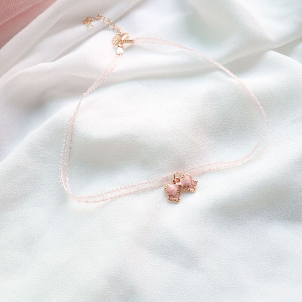 Pingente de coração de pêssego rosa, joia japonesa coreia 2020 para meninas colares curtos de clavícula joias estilosas joias fofas: Pink Bow