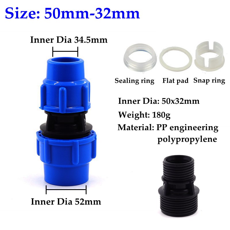 1pc 20-63mm PE Reducing Quick Connector Garden Watering Irrigation System Agricultural Plastic Water Pipe Direct Joint Fittings: Inner Dia 50-32mm