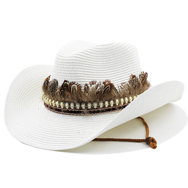 Hand Made Straw Western Cowboy Hat For Women Men Summer Curling Brim Beach Sun Hats Panama Cowgirl Jazz Cap: WHITE