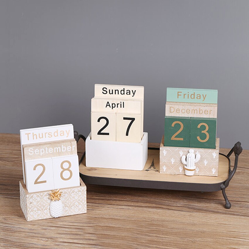 1Pc Desktop Ornaments Calendar Wood Perpetual Calendar, Home Office DIY Daily Schedule Table Calendars, Photo Props Decoration