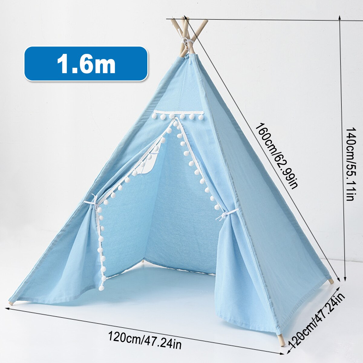 1.35M-1.8M Baby Tents Teepee Triangle Tent Kids Playhouse Cotton Canvas Pretend Play Tent Decoration Game House Boy Girls: Blue 1.6M