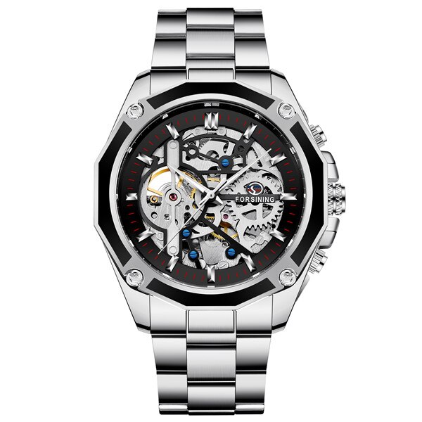 Forsining Rvs Waterdicht Heren Skeleton Horloges Top Luxe Transparante Mechanische Sport Mannelijke Horloges: silver black