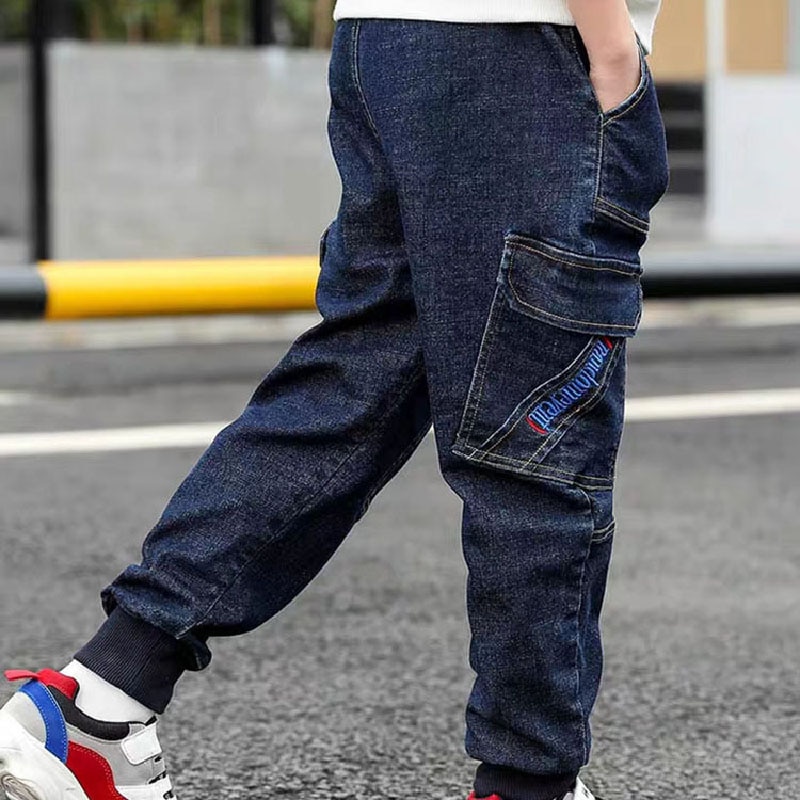 Vfochi 3-14t drenge jeans mørkeblå denim bukser til børn bukser teenage tøj elastisk talje dreng fragt bukser dreng jeans