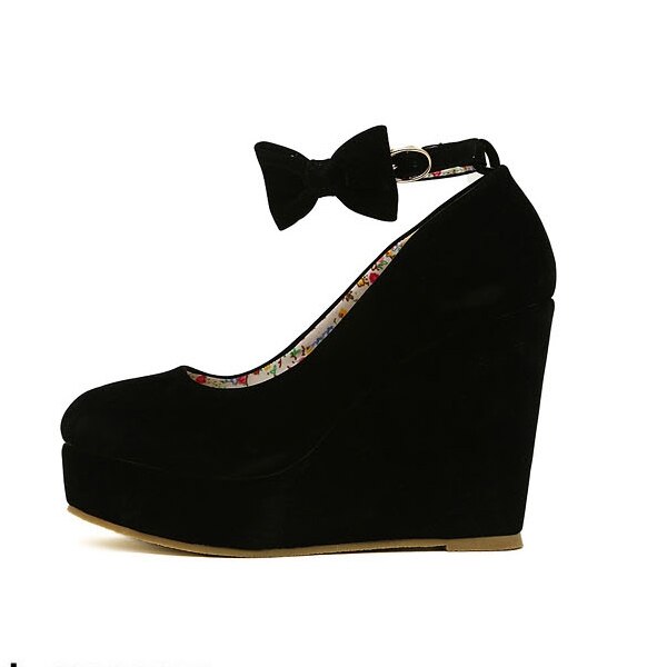 Kvinder høje hæle sko spænde kiler dame platform spænde bowtie pumps til kvinde plus størrelse bryllup sko: Sort / 37