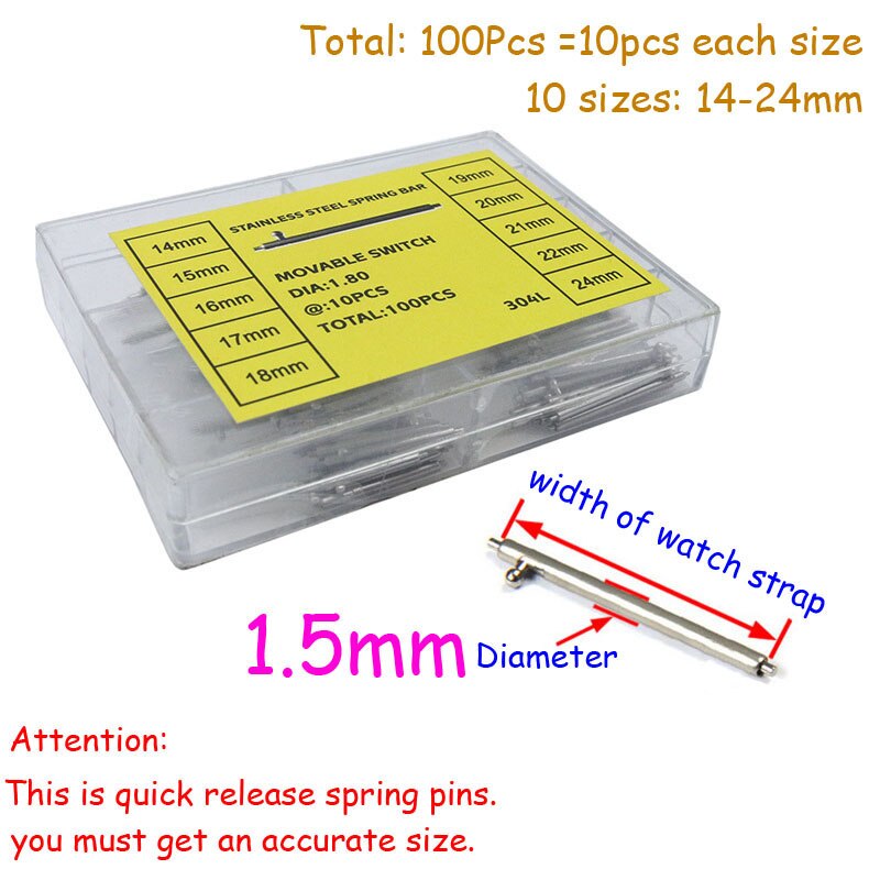 100 st klockarmband i rostfritt stål snabbkoppling fjäderstångsstift klockreparationsverktyg bandstift 14mm 15 16 17 18 19 20 21 22 24mm: Dia 1.5mm 100 st