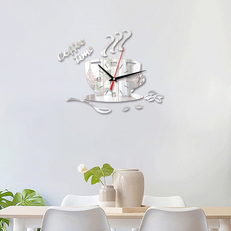 3D DIY Coffee Time Clock Acrylic Wall Clock Modern for Kitchen Home Decor Cup Shape Wall Sticker Hollow Numeral Clock DA406: Silver A