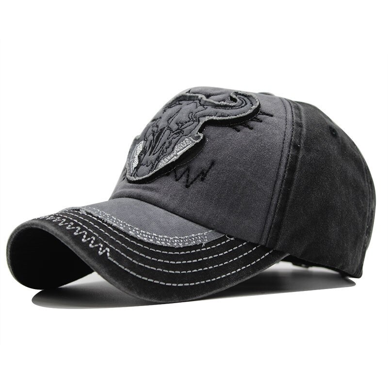 Baseball Cap Bull Head Embroidery Washed Casual Retro Outdoor Men's Sun Hat: gray