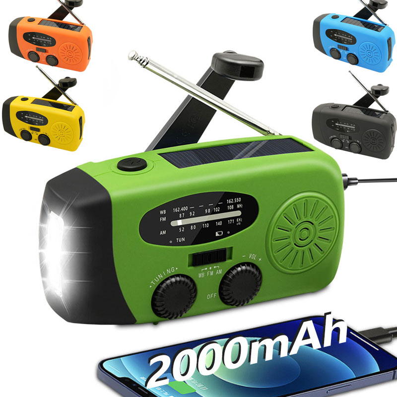 Radio portátil de emergencia, manivela Solar de 2000mAh, cargador de teléfono móvil, Radio AM/FM, linterna LED, luz nocturna para interiores y exteriores