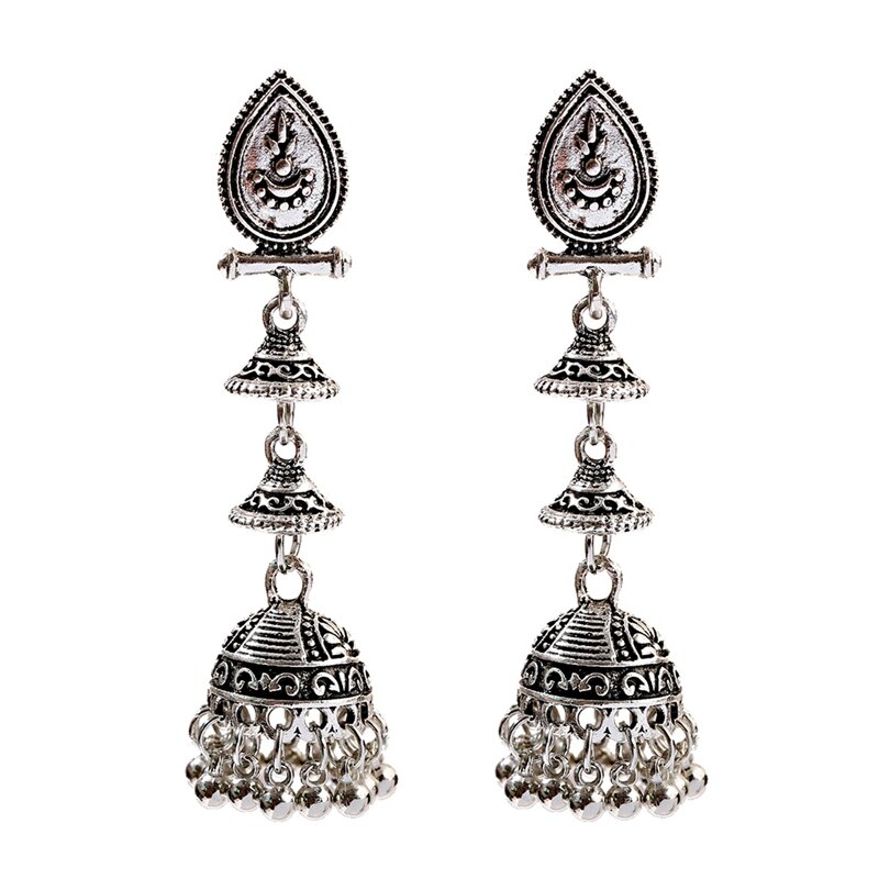 Ethnic Gold Afghan Long Tassel Bead Earrinngs Bollywood Jewellery Bell Jhumka Indian Earrings Wedding Jewelry: Silver 1