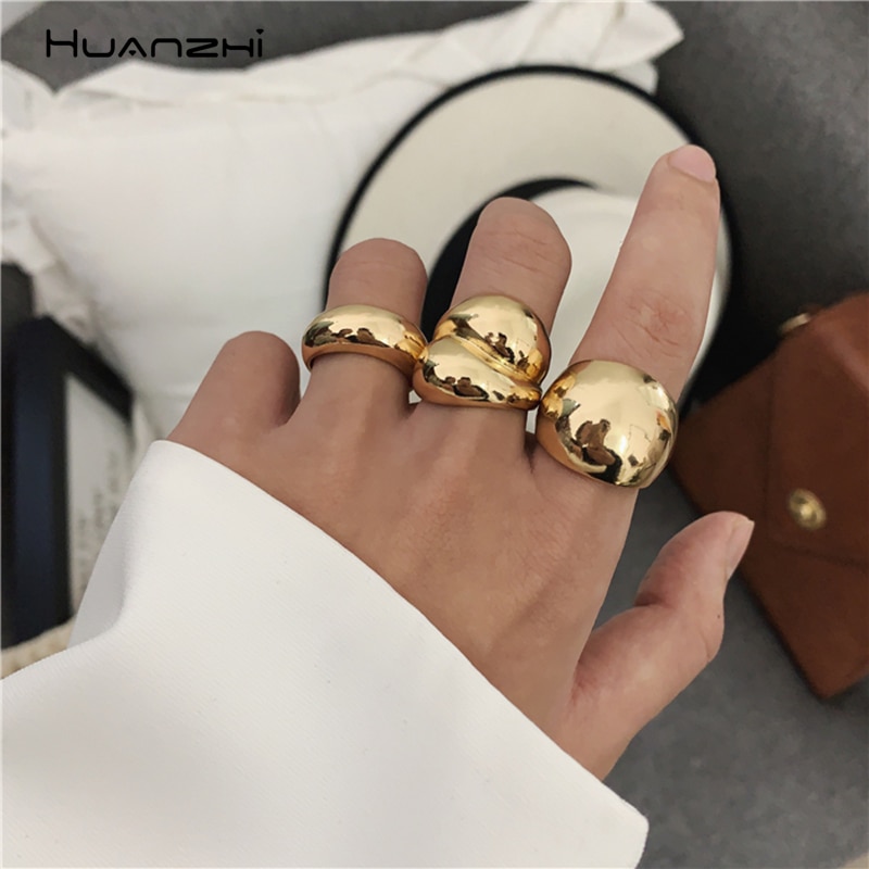 HUANZHI 2020 colore oro argento colore metallo minimalista lucido anelli aperti larghi anelli geometrici per donna uomo gioielli