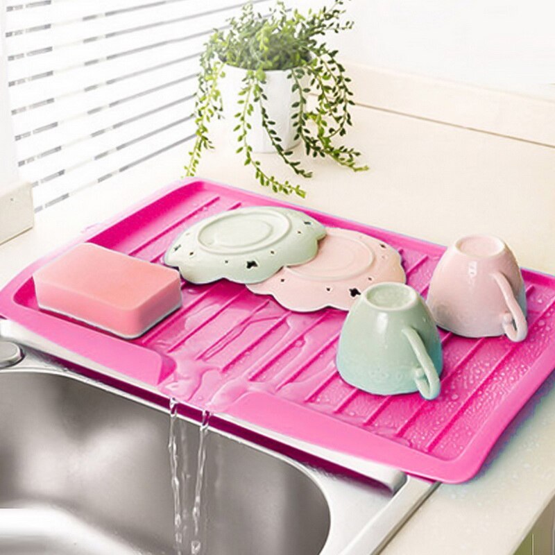 Sink Drain Rack Kitchen Silicone Dish Drainer Tray Large Drying Rack Worktop Organizer Drying Rack For Kitchen Dishes Tableware: A pink