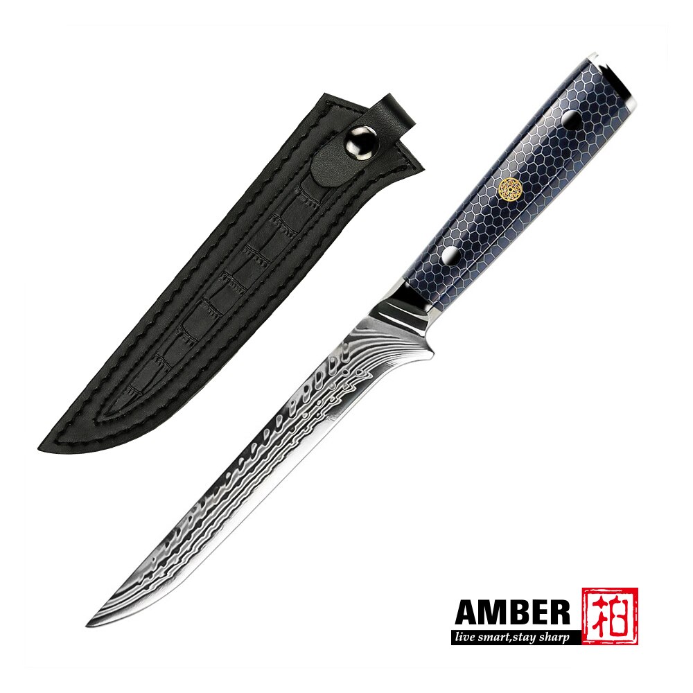 AMBER AUS10V Core Croco Pattern Knife With 2 Tones Blue Honey Comb Resin Chef Cleaver Kiritsuke Nakiri Santoku Ultral Sharp Cook: Boning Sheath