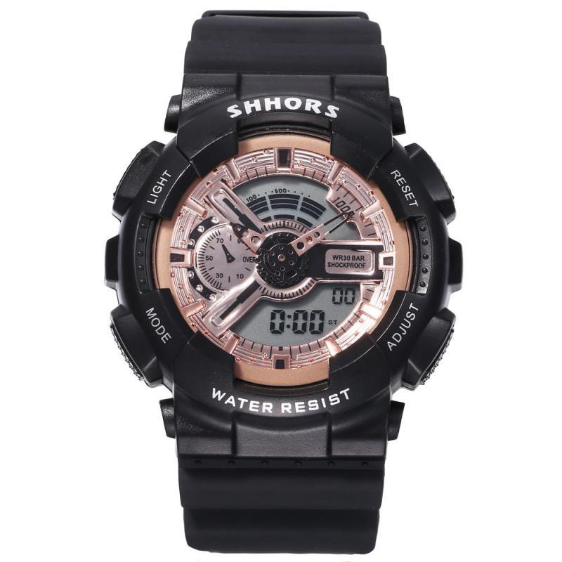 Shhors roze dameshorloges multifunctionele sporthorloges dames led-display analoog digitaal quartzhorloge reloj mujer: Zwart -1
