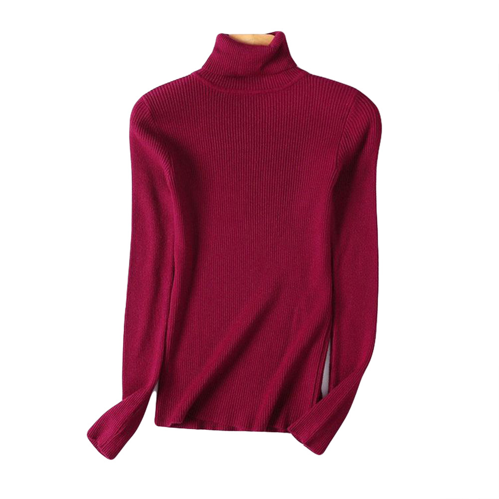 Dam tröjor vinter höst tröja med turtle neck elastisk smal stickad pullover bottentröja dam pullovers tröjor: Vin, röd