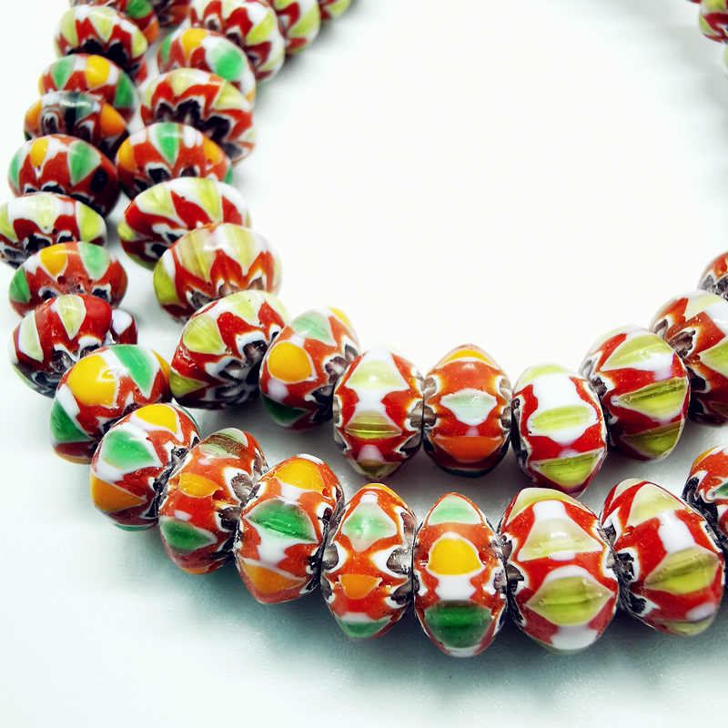 Népal fait à la main Acient verre coloré arc-en-ciel disque perles brin tibétain Lampwork collier de perles TSB0186