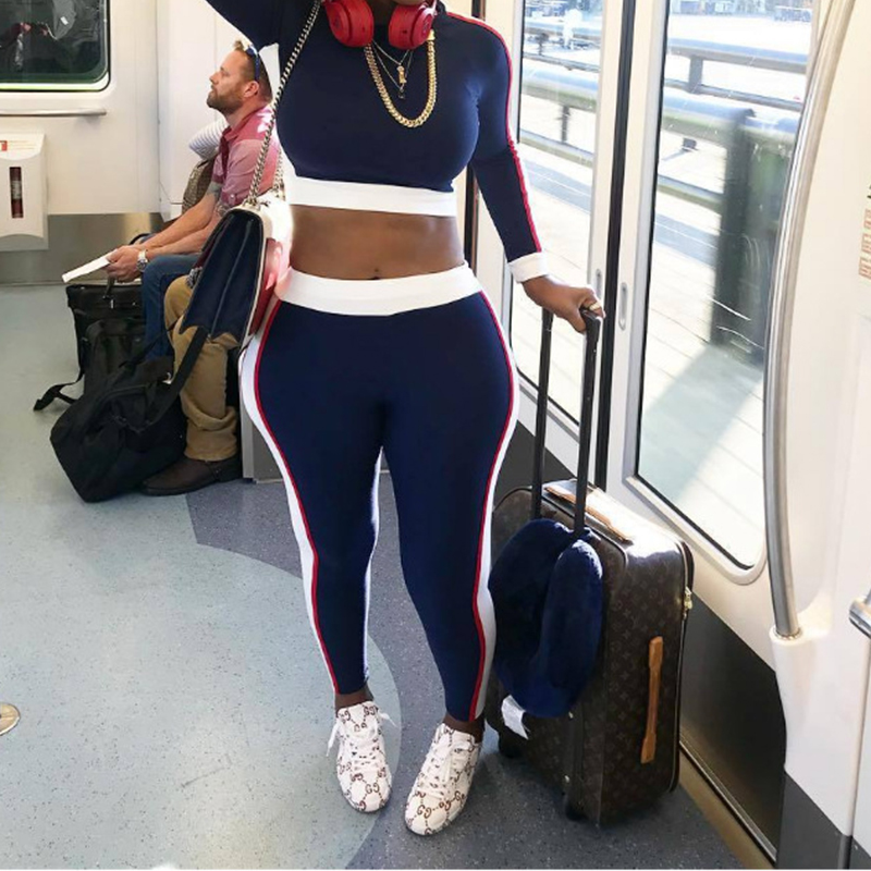 Spring and Autumn Clothing European and American Women Tight Breathable Running Fitness Gym Big Stripe Sports Suit Female