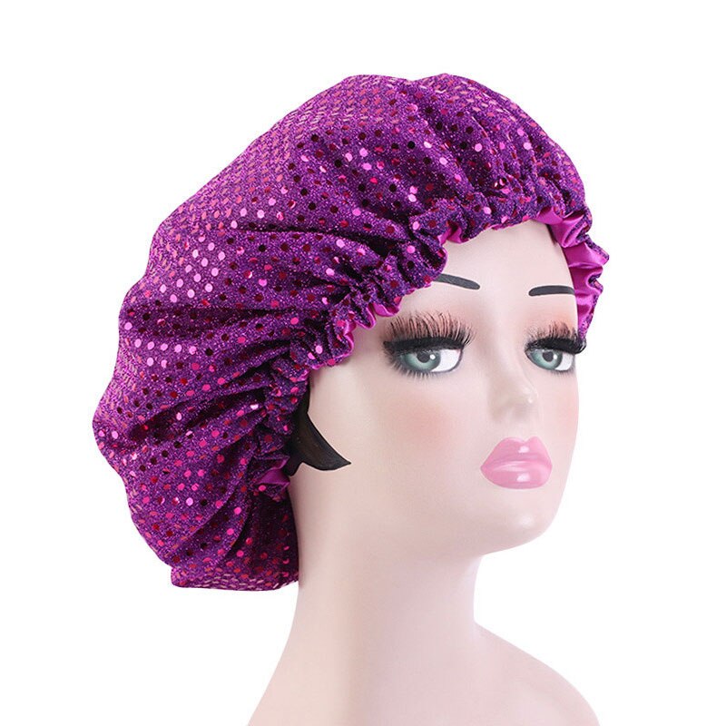 Grand Bonnet en Satin doublé pour femmes, grande taille, paillettes, soie, pour dormir la nuit, couvre-tête,: Violet