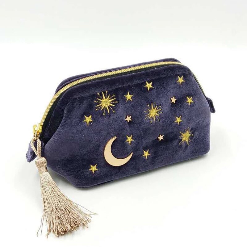 Leuke Fluwelen Borduurwerk Cosmetic Bag Travel Organizer Vrouwen Make-Up Tas Rits Make Up Pouch Met Moon Star Tassel Deco