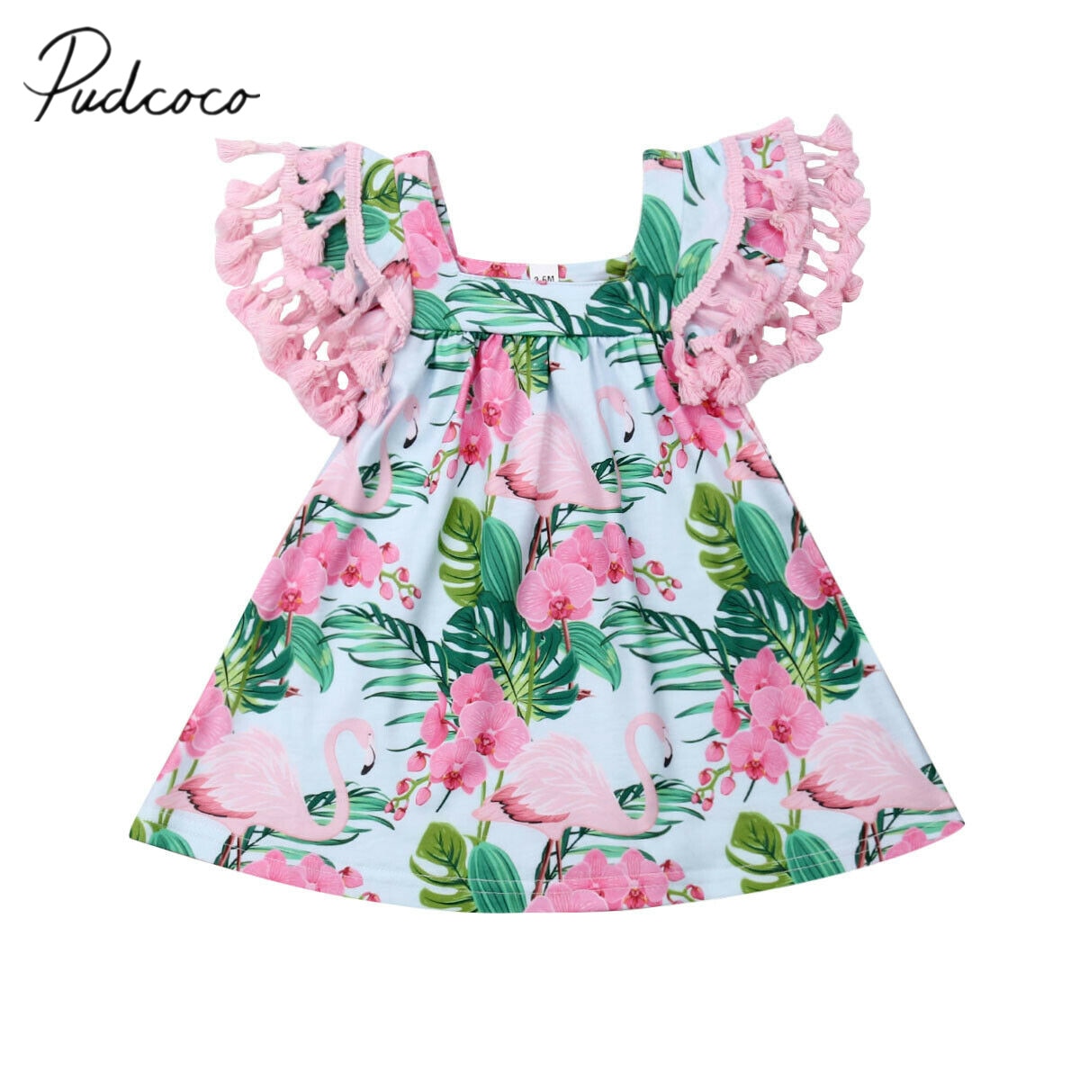 Bebis sommar kläder spädbarn småbarn bebis flicka klänning flamingo tofs ärm klänning blommig strandfest tecknade klänningar 0-18m