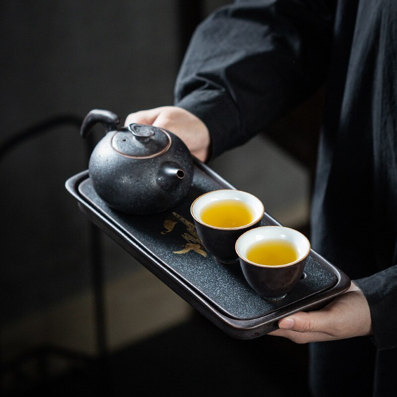 Ceramic Tea Tray Japanese-Style Small Household Rectangular Double-Layer Water Storage Dry Pour Tea Tray Kungfu Tea Tray