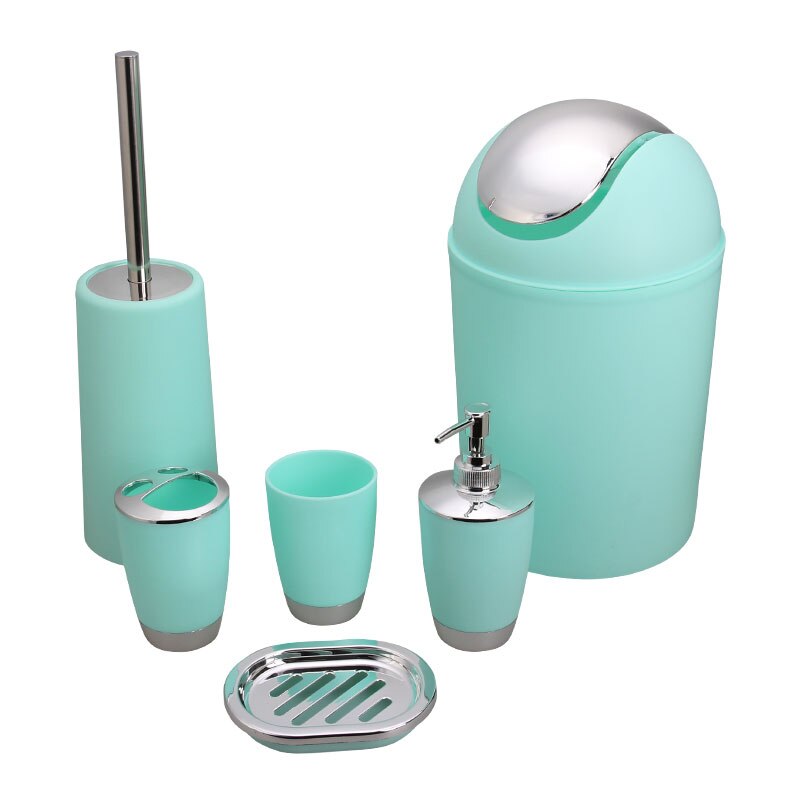 6Pcs Bathroom Accessories Set Toothbrush Holder Cup Soap Dispenser Dish Toilet Brush Trash Can Plastic Tumbler Cup Washroom Tool: light green