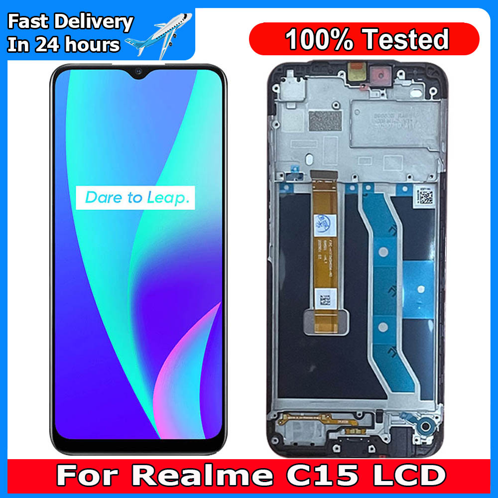 6.5 '' til realme  c15 rmx 2180 lcd-skærm, berøringspanel, digitizer, skærmudskiftning med ramme til realme  c15 lcd