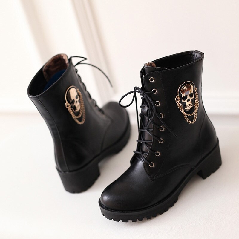 Morazora Enkellaarsjes Voor Vrouwen Schedel Street Lace Up Platform Vrouwen Laarzen Mode Dames Herfst Winter laarzen Schoen