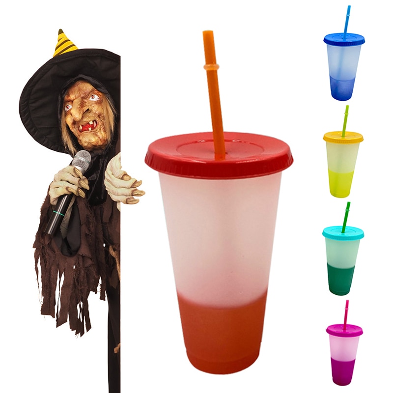 Reusable Color Changing Cold Cups Temperature Magical Color Change Cups Magic Juice Coffee Cup Bottles With Straws And Lid Set