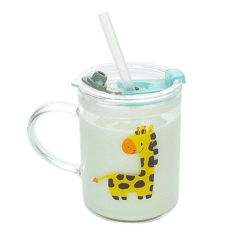 250ML Children Cartoon Cute Animal Pattern Glass Learn To Drink Cup with Straw Lid Milk Drink Mug Heat Resistant Safety Coffee