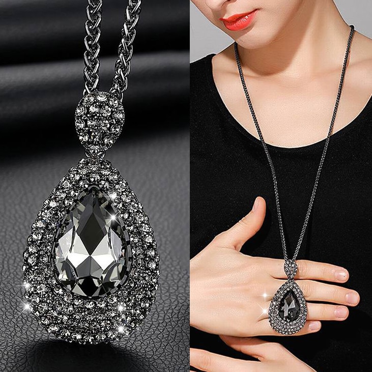 Luxury Long Chain Necklaces & Pendants for Women Waterdrop Gray Crystal Necklace Female Collier Femme Party Jewelry