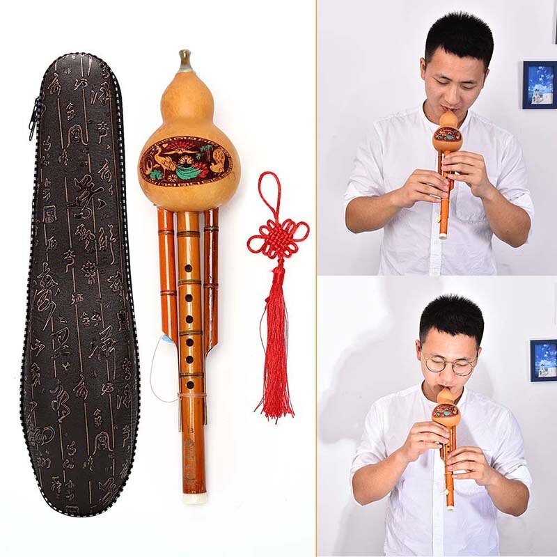 Kinesisk håndlavet bambus hulusi kalebas cucurbit fløjte etnisk musikinstrument nøgle til c med etui til begyndere musikelskere