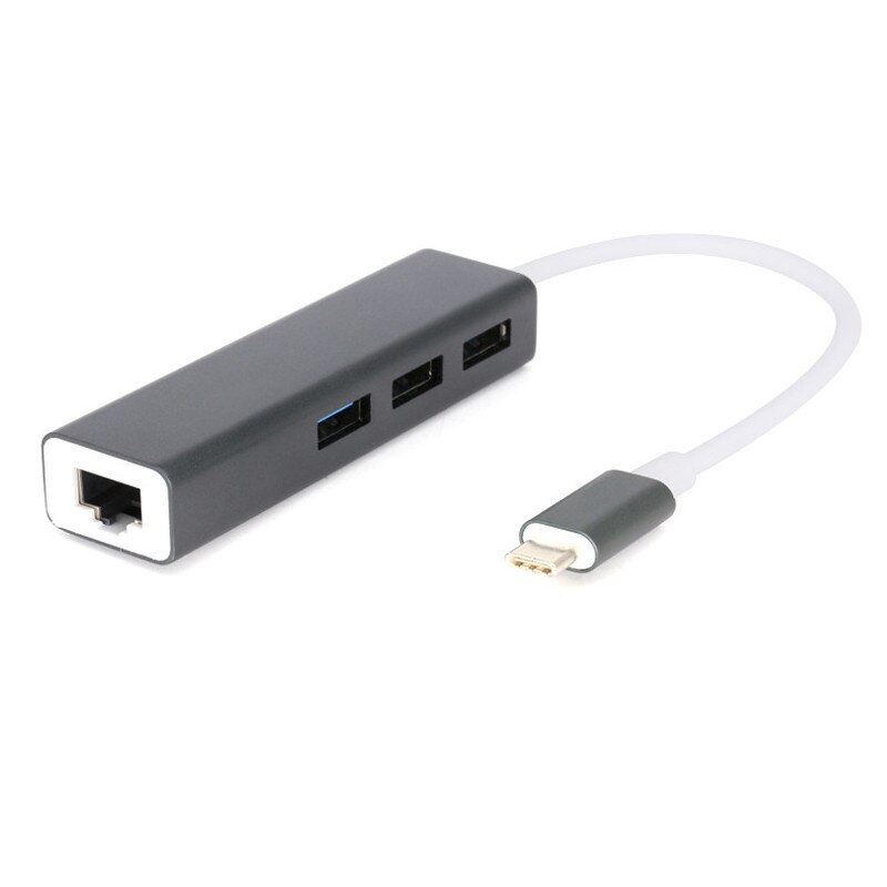 Eksternt netværkskort thunderbolt 3 to ethernet 3 porte usb 3.0 hub type c til  rj45 100 mbps lan adapter data til macbook: Grå