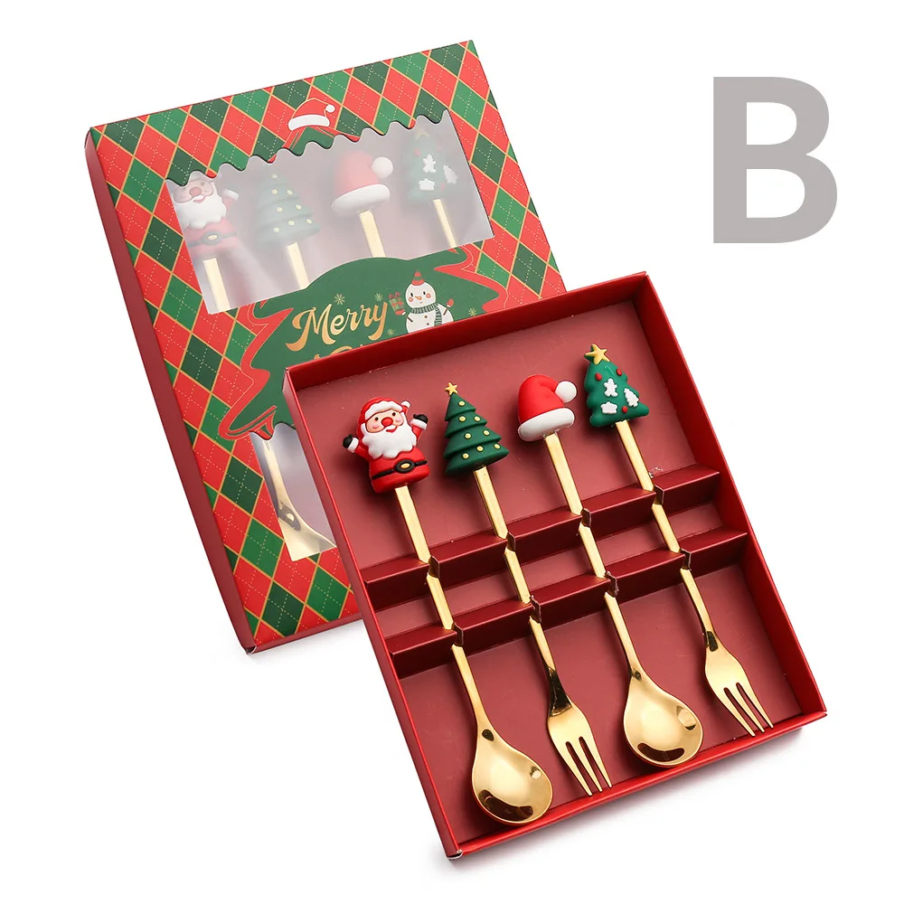 4 stks/set Kerstcadeau Goud Zilveren Lepel Vork Set Elanden Kerstboom Decoratie Dessert Scoop Fruit Vork Koffielepel Bestek: groen