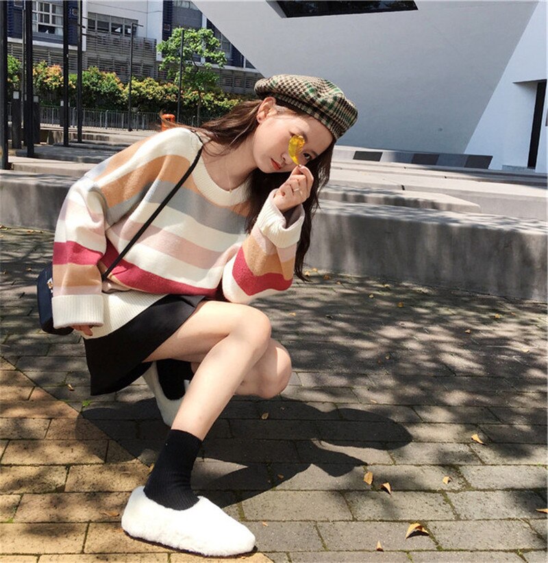 Kvinders efterår vinter søde trøjer smarte stribede hitfarve koreanske løs striktrøjer kvindelige all match ins trøjer