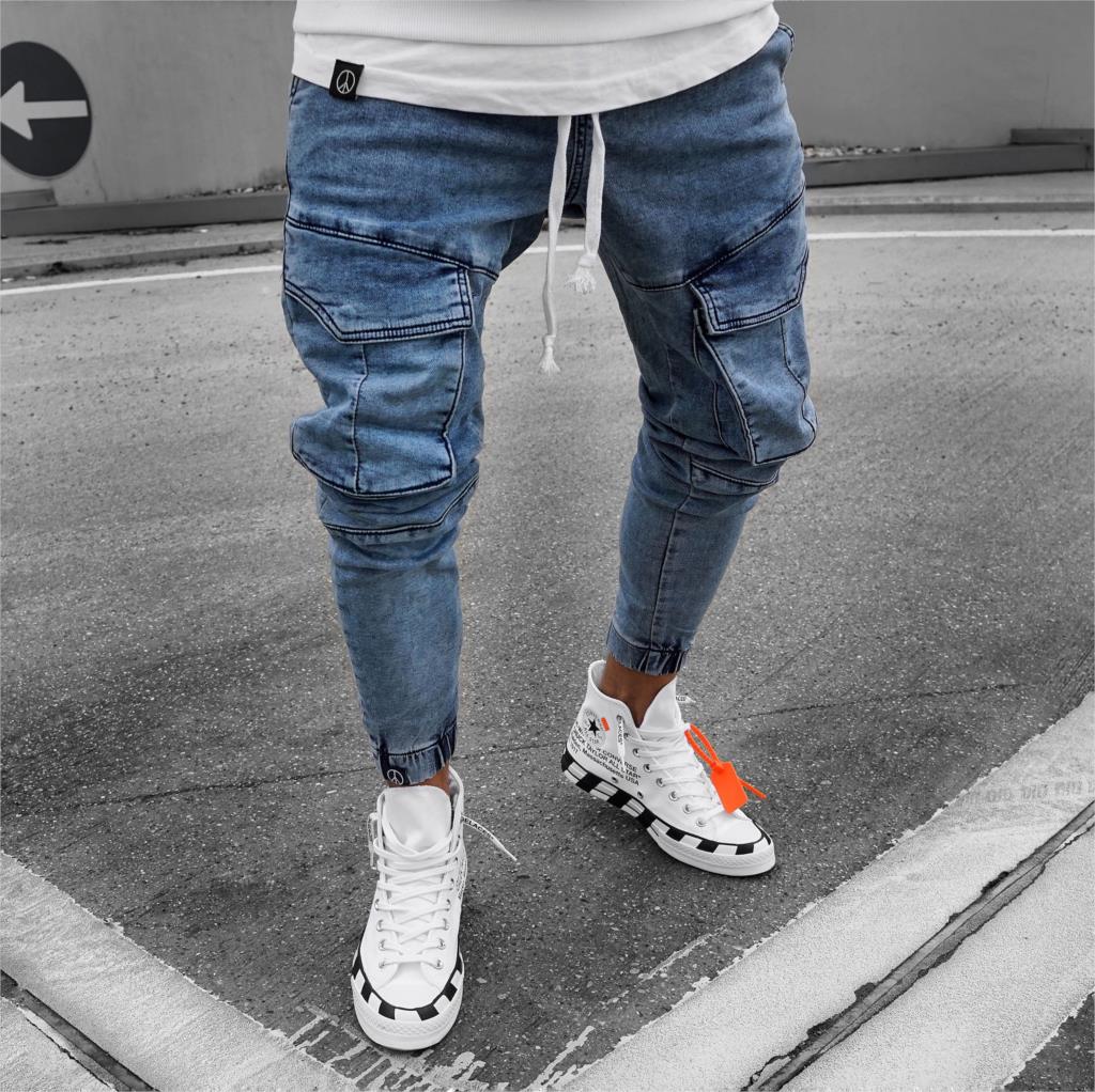 Herre jeans med sidelommer denim herre bukser slim fit jeans herre slim elastiske talje bukser calca motociclista: S