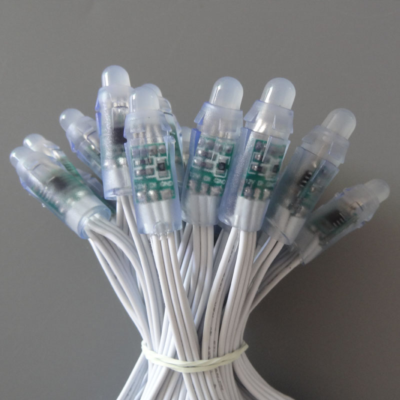 All WHITE wire(20AWG) addressable DC5V 12mm through hole WS2811 led smart pixel node,IP68 rated;50pcs per strand