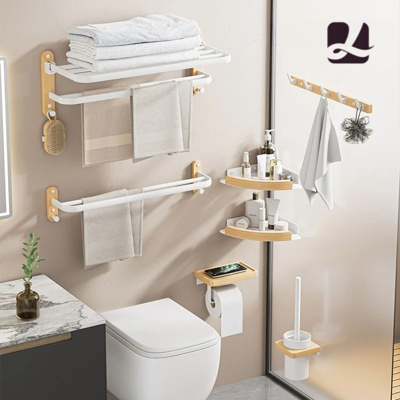 Badezimmer-Handtuchhalter aus Holz, Badregal-einstellen, Dusch-Organizer-Regal, Zauberstab-Badewannenregal aus Holz, Eckregal für Waschraum, Haartrocknerhalter
