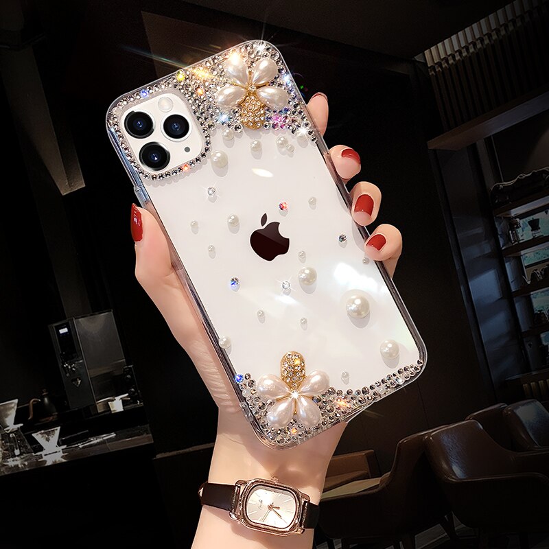 Funda de teléfono con diamantes y perlas para iPhone, funda de teléfono con diamantes de imitación para iPhone 12 mini 11 Pro X XS Max XR 6 6s 7 8 Plus SE