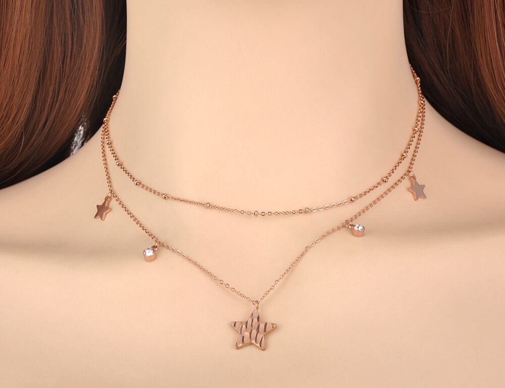 Lokaer Original Double Layer Star Pendant Necklace For Women Stainless Steel CZ Crystal Chain Choker Necklace N20130