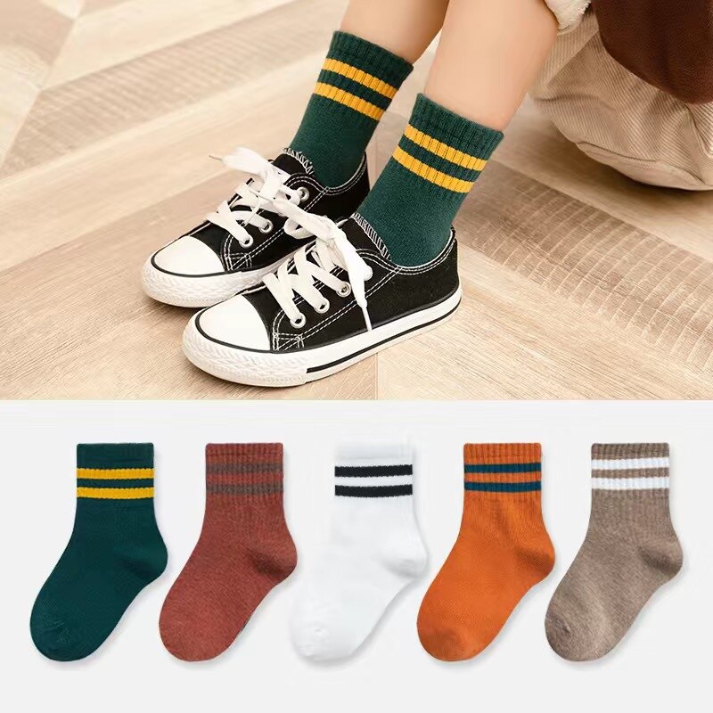 Calcetines de algodón a rayas para niño y niña, medias de tubo deportivas de Color sólido, ropa escolar suave, 5 unids/lote: 3 / 6-8 years old