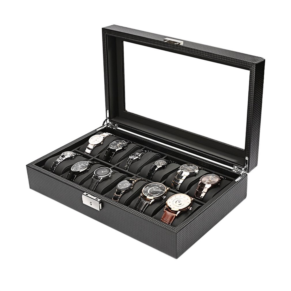 Multi-grids Leather/Carbon Fiber Watch Box winder watch Storage Box glasses Organizer Earrings Rings Jewelry Display Holder