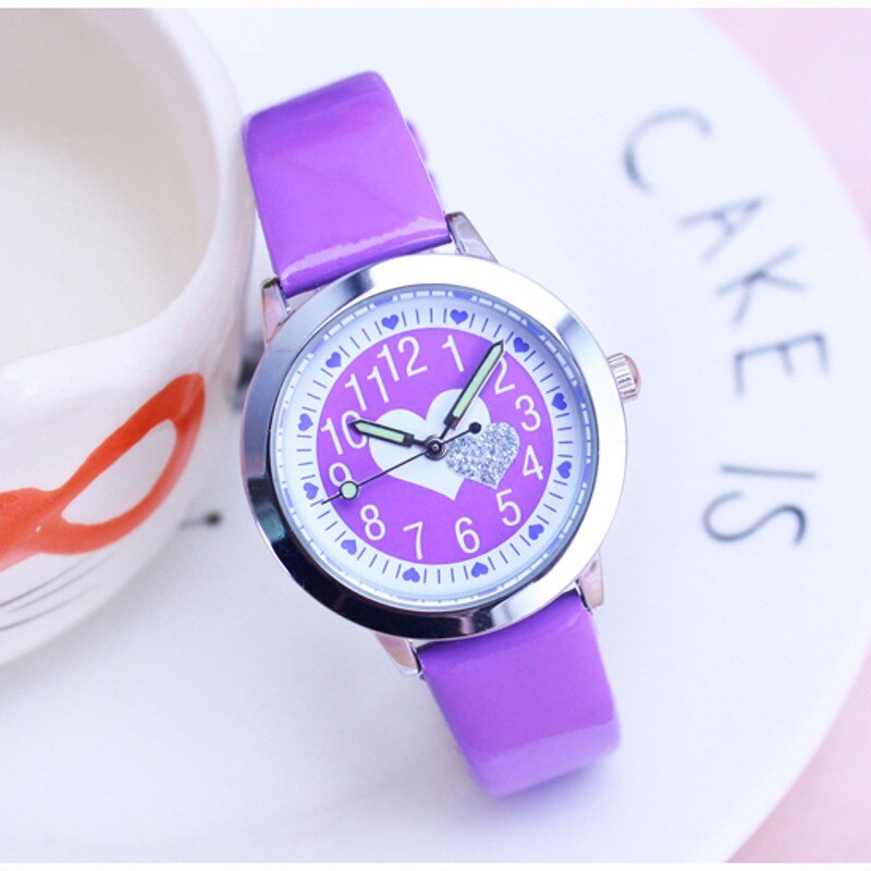 Leren kwarts hartvormig kinderhorloge cartoon horloge student horloges horloge relogio feminino montres: Paars