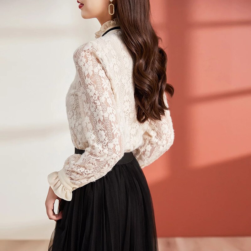 MIUXIMAO-Blusa de encaje de manga larga con cuello levantado para mujer, ropa de primavera, estilo de oficina, 2022