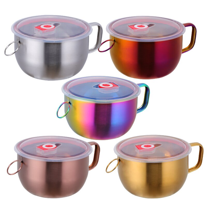 304 rustfritt stål 5 farger kinesisk instant noodle bolle med lokk håndtak matbeholder husholdningsredskaper suppe ris salat bolle