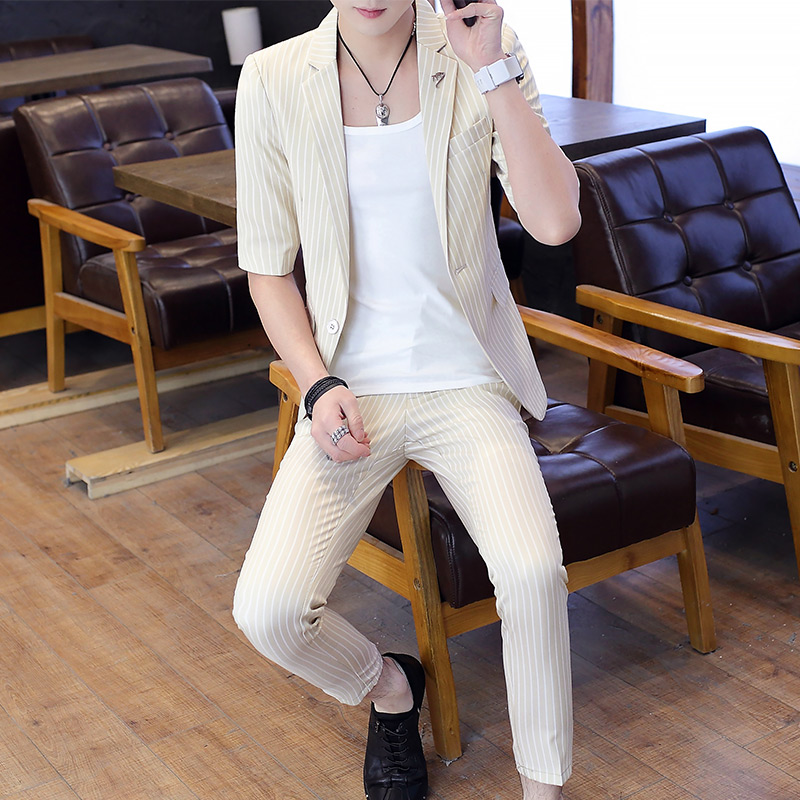 Mens Suits Zomer Mid Mouwen Met 9 Cent Broek Streep Tweedelige Mode Slanke Heren pakken Met Broek