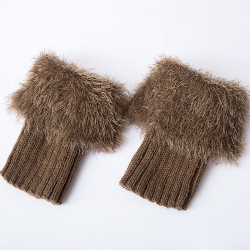 Womens Winter Warm Crochet Knit Fur Trim Leg Warmers Cuffs Toppers Boot Socks Women's Ankle Socks Legs Warmers Shoes Set: Khaki