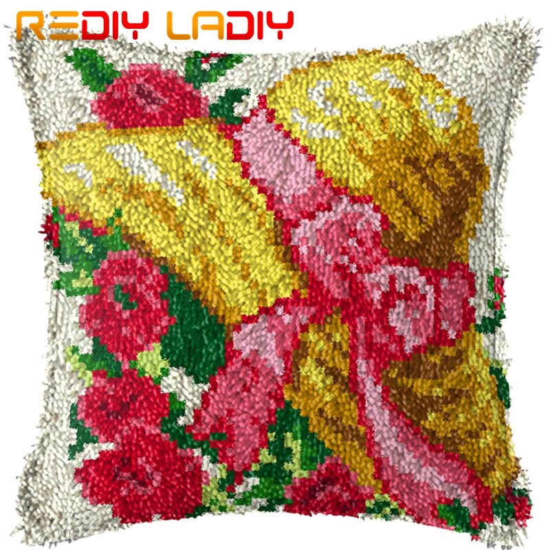 Latch Hook Cushion Hat Flowers Pre-Printed Canvas Cushion Front Acrylic Yarn Crochet Pillow Case Kits Sofa Bed Pillow Home Decor: BZ800