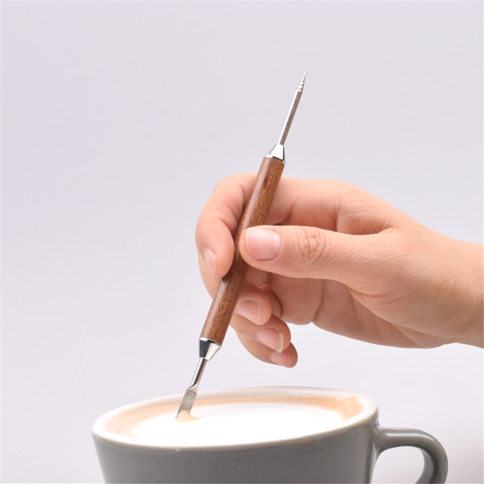 Ttlife 1pc houten handvat roestvrijstalen koffiesjablonen latte schuimspatel koffieservies diy koffiekunstnaald cafégereedschap voor barista