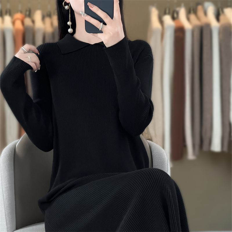 Women's boutique POIO collar long sleeved dress autumn and winter knitted cashmere sweater Women's solid color pullover long: XXL / black