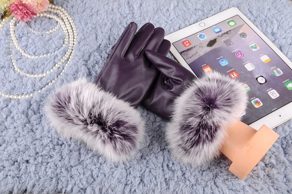 Warm Gloves Lady Luxury Fur Gloves Winter Leather Full Finger Warm Glove Driving Outdoor Glove Women Black Mitten #L20